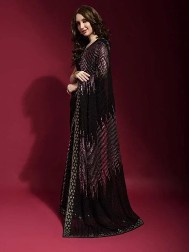 Fabulous Black Georgette Fancy Pink Sequins Work Celebration Wear Saree